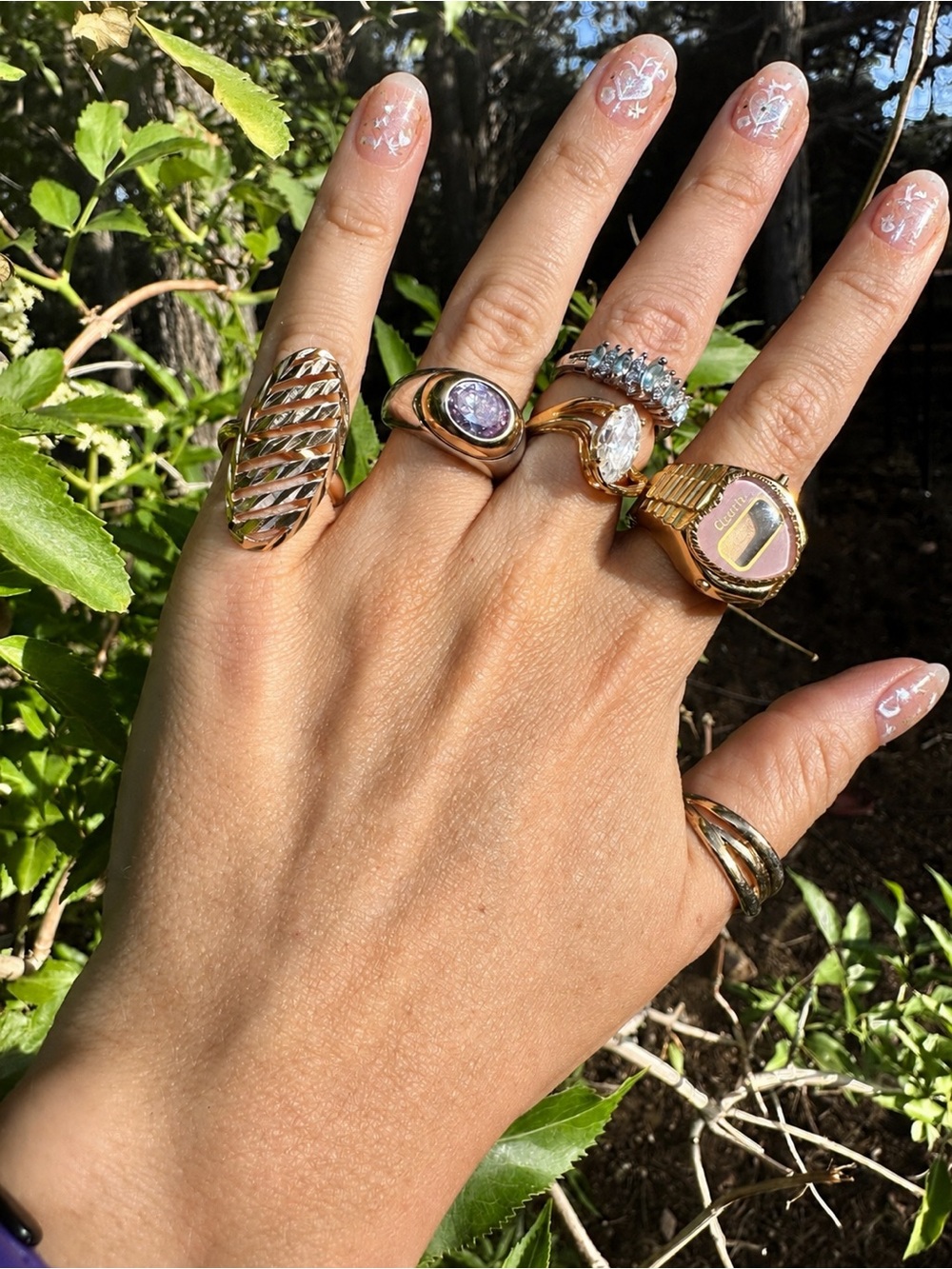 Gold Tone Curated Ring Stack with Pink Stone Accents - Vintage to Modern